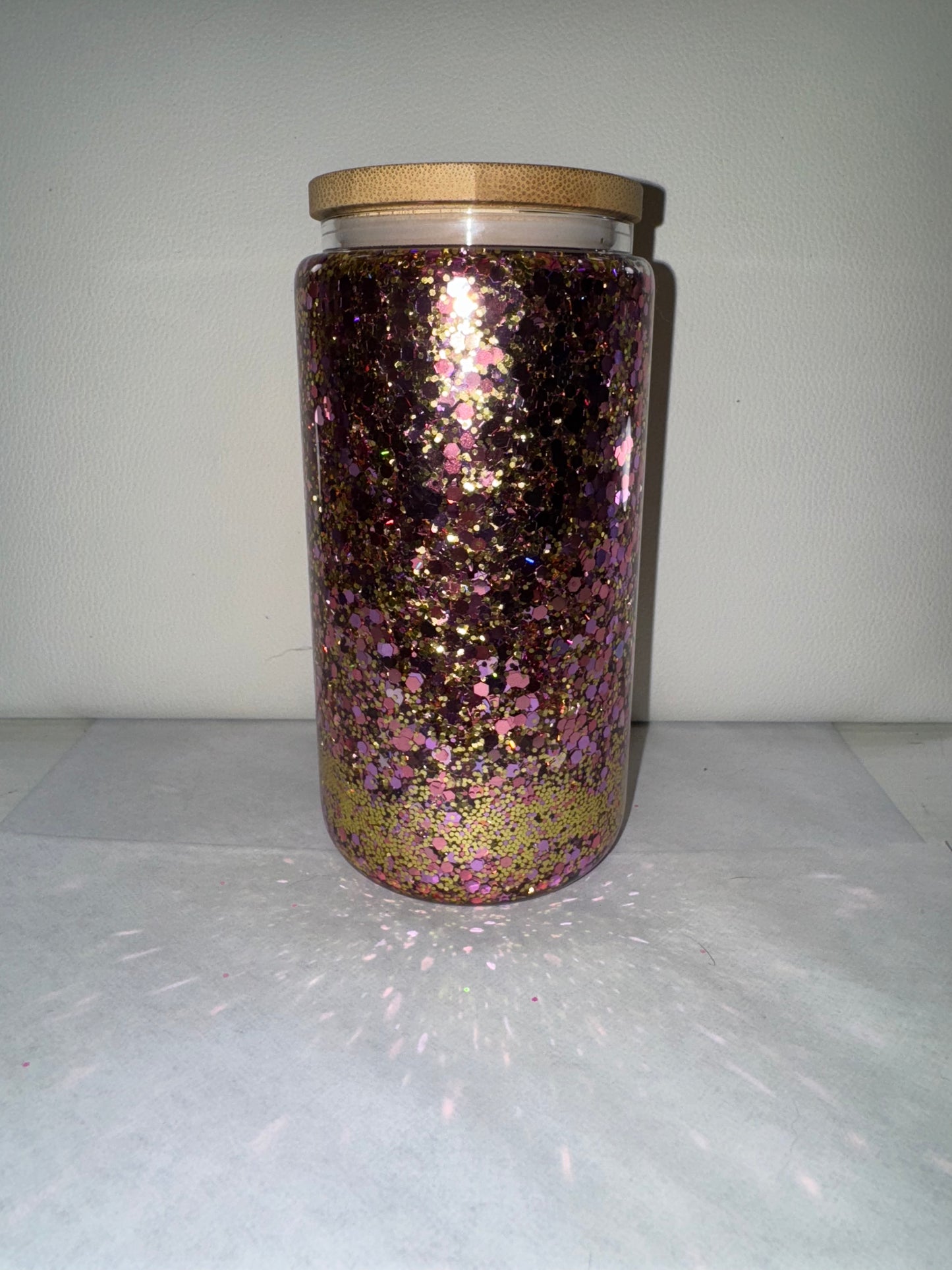 16oz Pink and Gold glass glitter cup