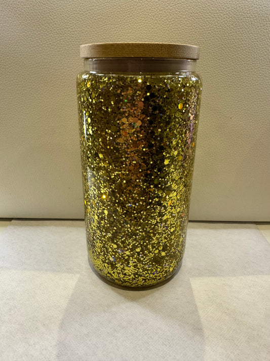 16oz Gold glass glitter cup