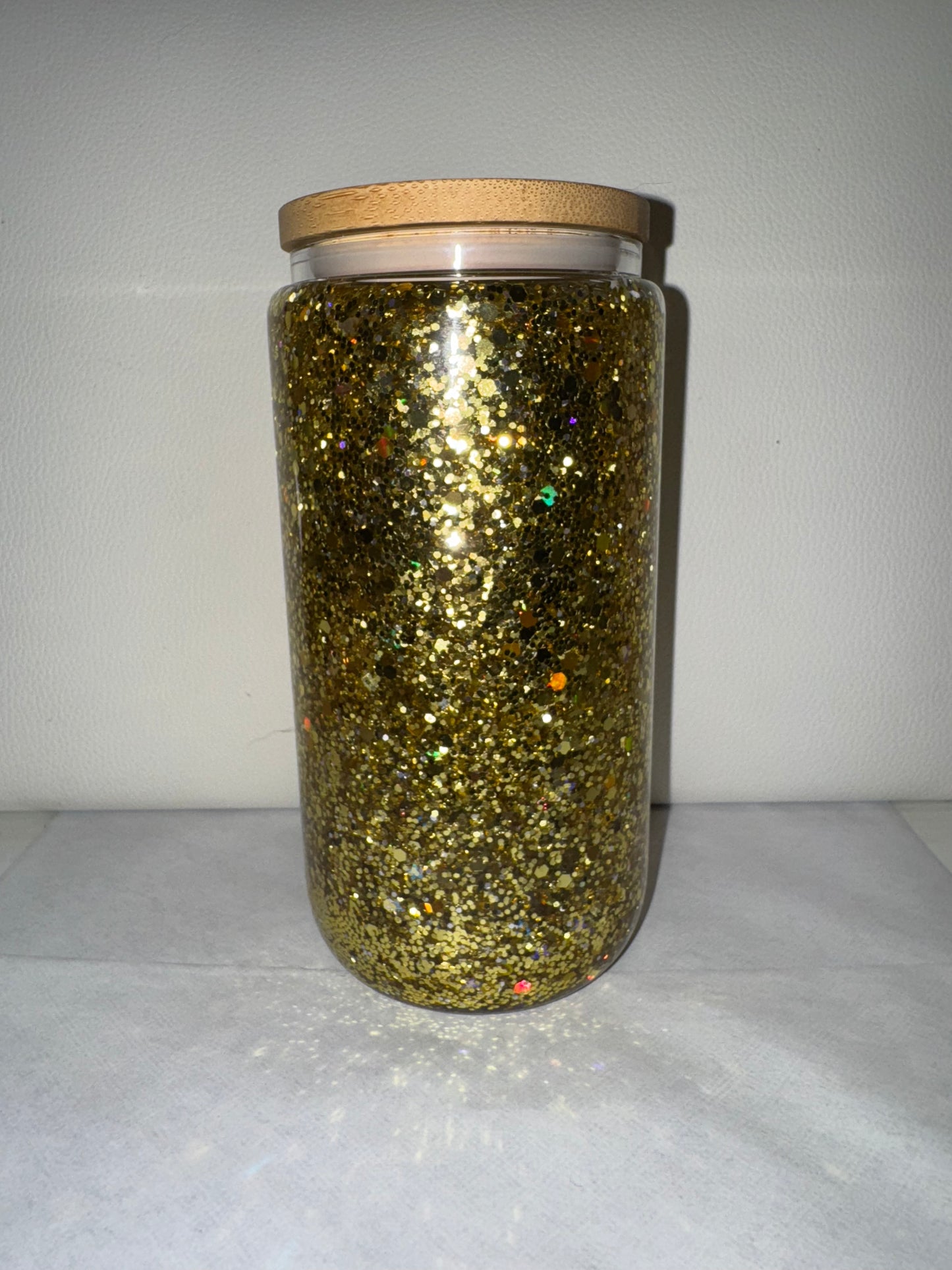 16oz Gold glass glitter cup