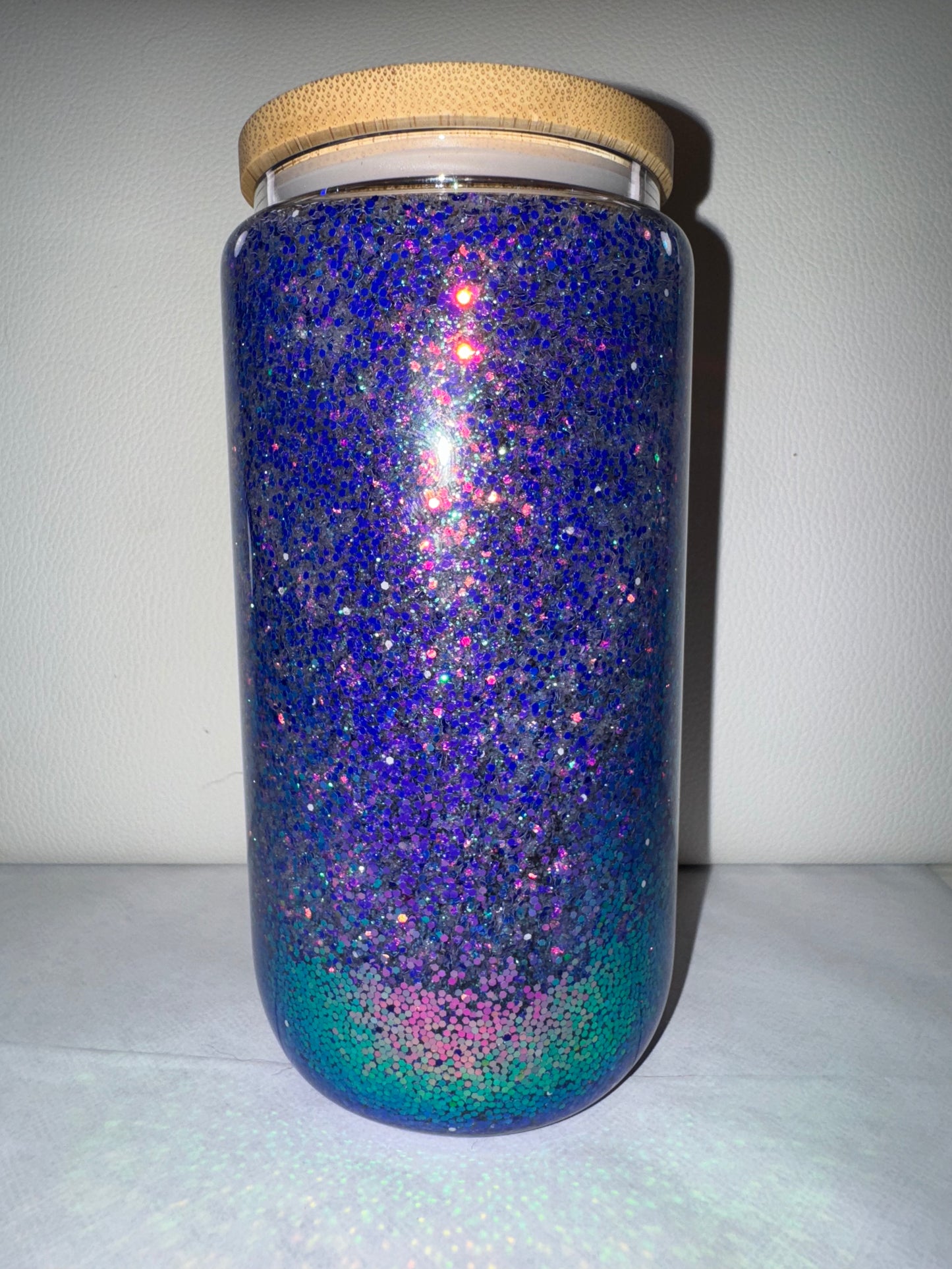 16oz Purple, Blue and Silver glass glitter cup